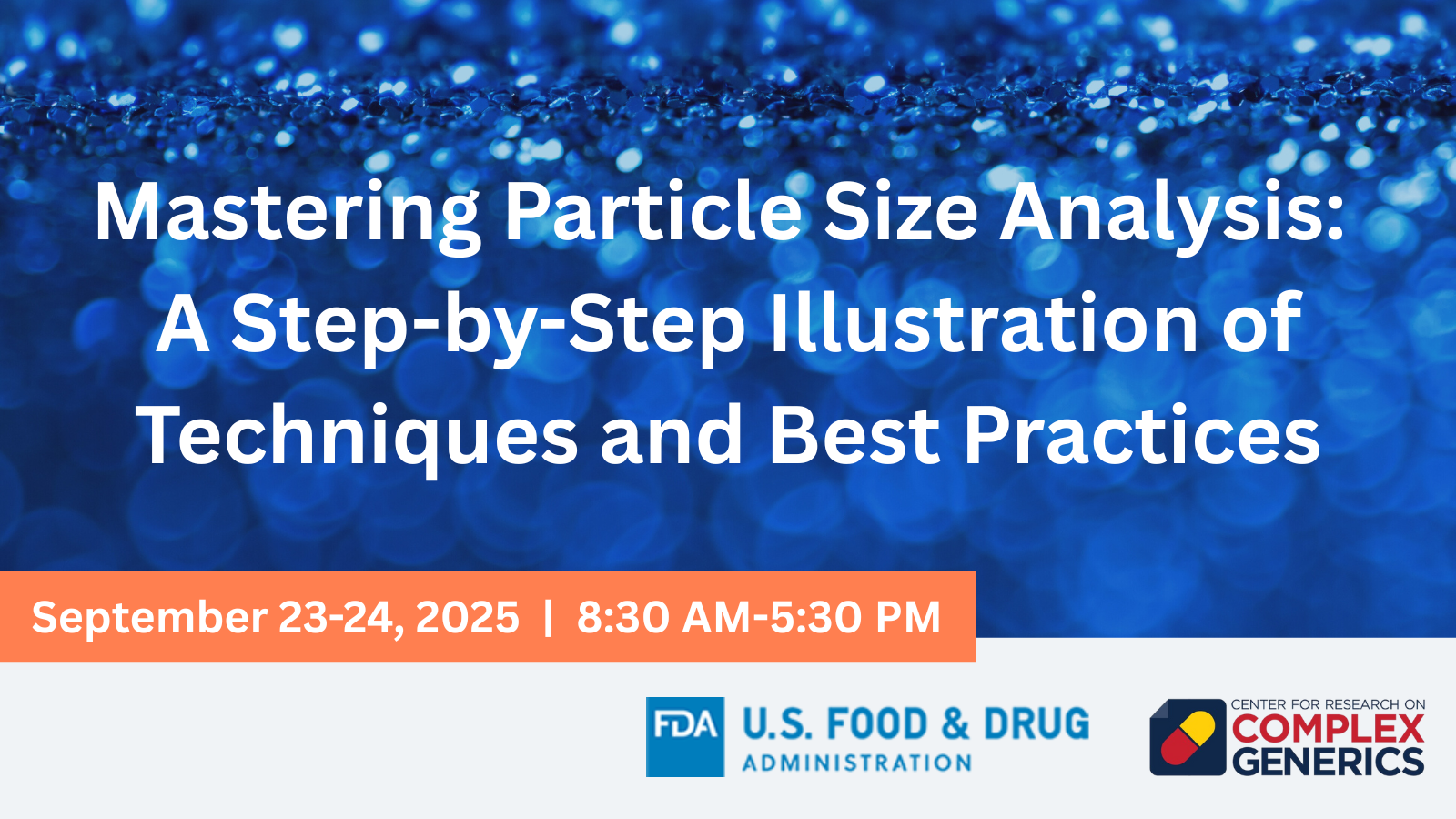 Graphics for Particle Size Analysis Workshop with title, event date and time, host logos